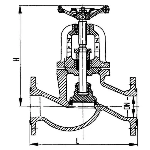 Фланцевый проходной сальниковый судовой запорный клапан с ручным управлением 521-ЗМ988 