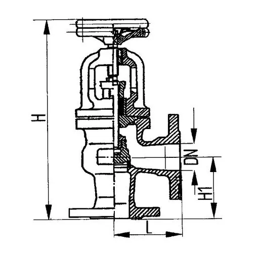Фланцевый угловой сальниковый судовой запорный клапан с ручным управлением 521-01.198 