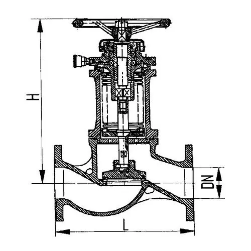 Фланцевый проходной сильфонный судовой запорный клапан с ручным управлением 521-35.440 